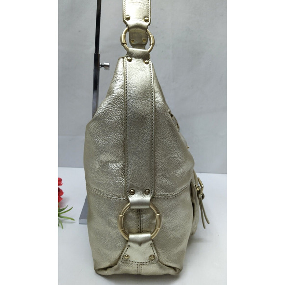 Michael Kors Fulton Metalic Gold Pebbled Leather Buckle Pocket Hobo Shoulder Bag - Picture 4 of 16